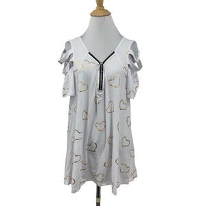 Noracora Top Womens L White Heart Cutout Cold Shoulder Zip V Neck Short Sleeves